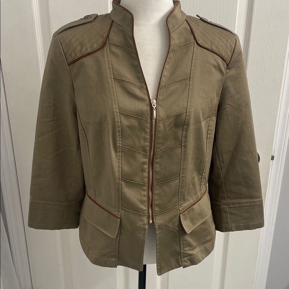 Olive Tan Military Style Shoulder Pad Zip Up Jacket Pockets Size 12 - Picture 3 of 15